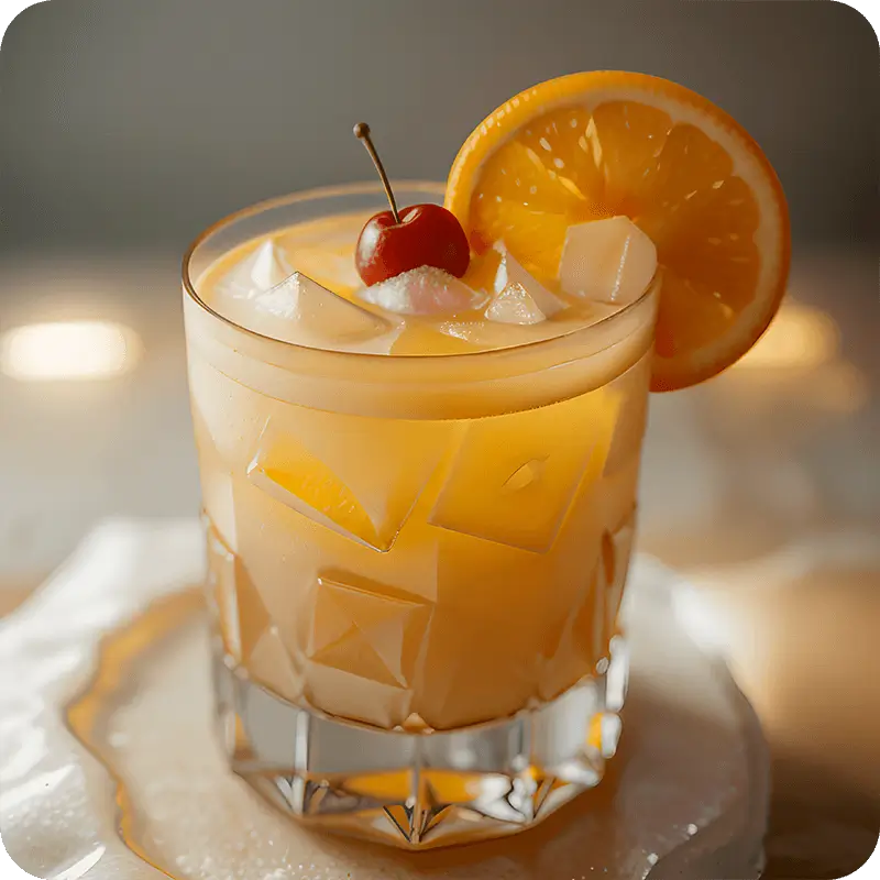 A glass of classic old fashioned whiskey sour cocktail garnished with a lemon twist and cherry