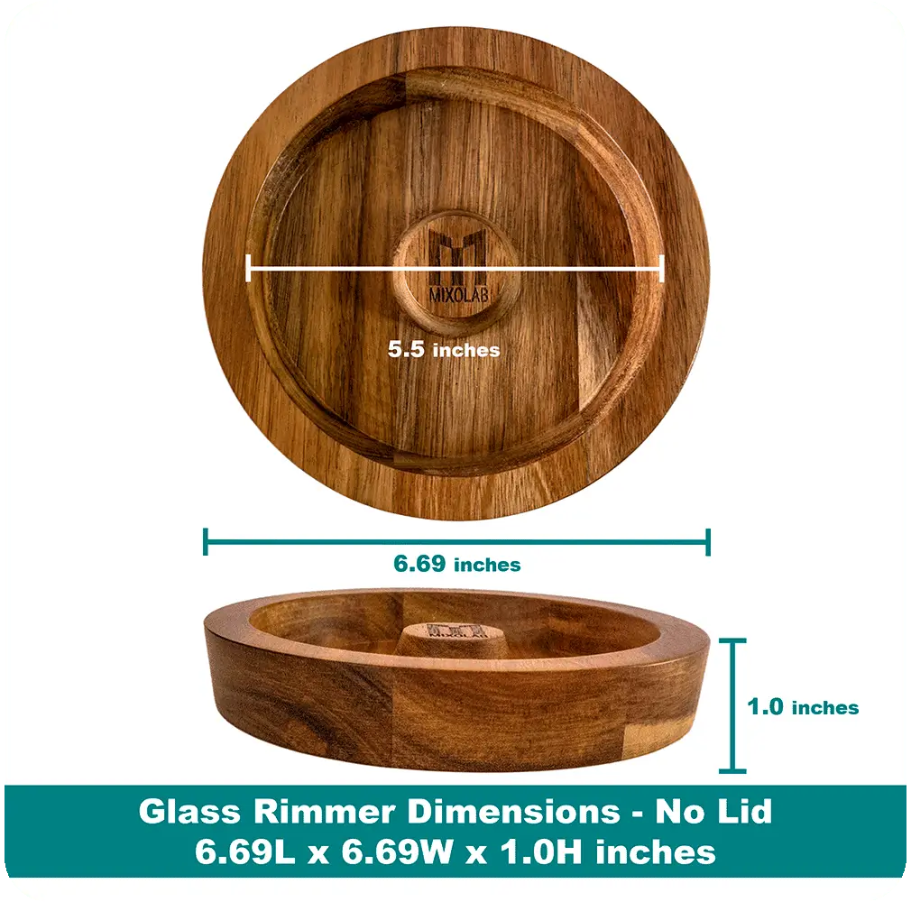 Detailed view of a sleek wooden glass rimmer with dimensions, designed to fit glasses perfectly for flawless rims.