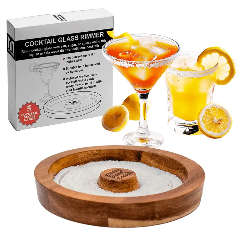 Bar rimmer made of acacia wood, filled with salt, shown with cocktail glasses and citrus garnish for home or bar use.