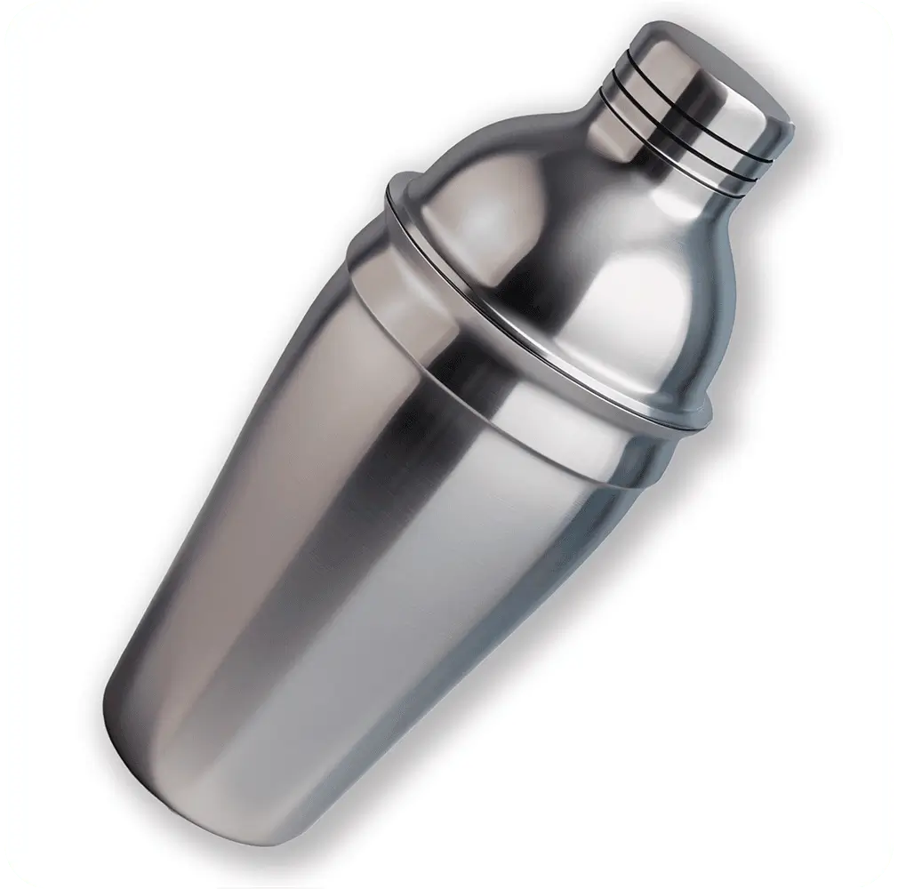 Martini cocktail shaker in polished stainless steel, featuring a classic three-piece design for professional or home bartending.