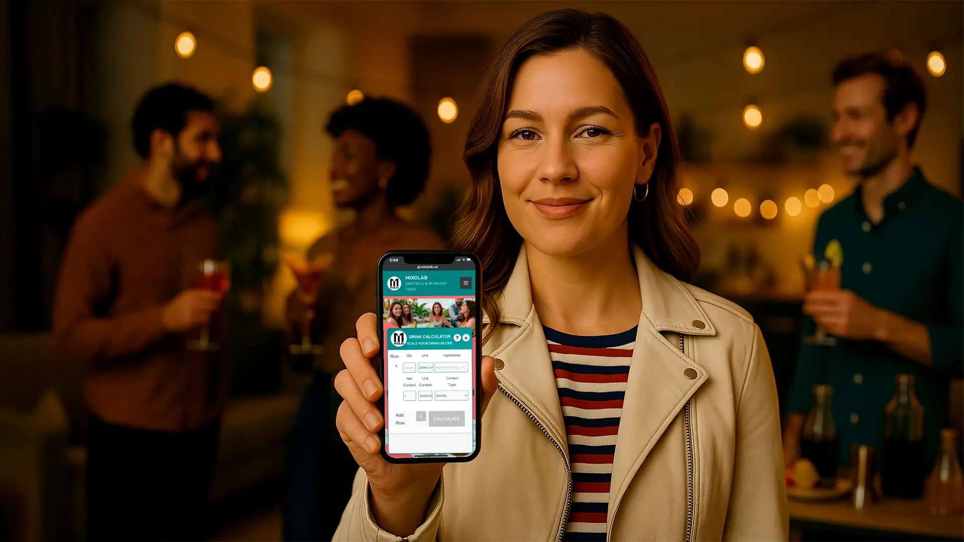 Smiling woman at a party holds a phone with drink calculator as guests enjoy cocktails in warm lighting
