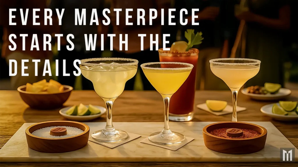 Four cocktails with salted rims and two wood rimmers on a table at golden hour.