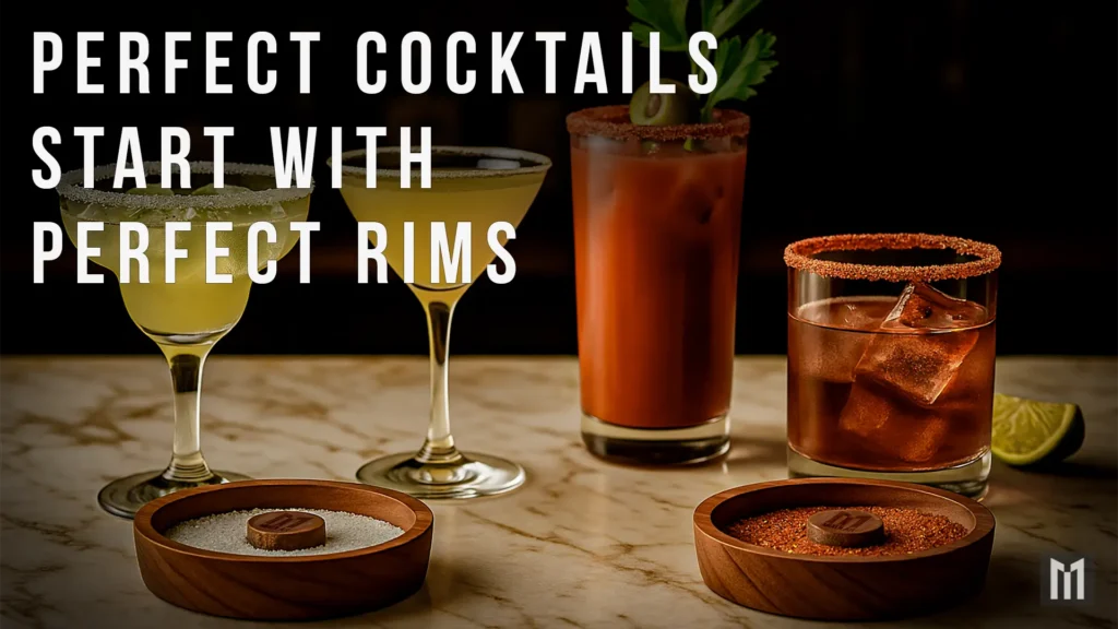 Salt-rimmed Margarita, sugar-rimmed Lemon Drop, and spiced-rimmed Bloody Mary with garnishes.