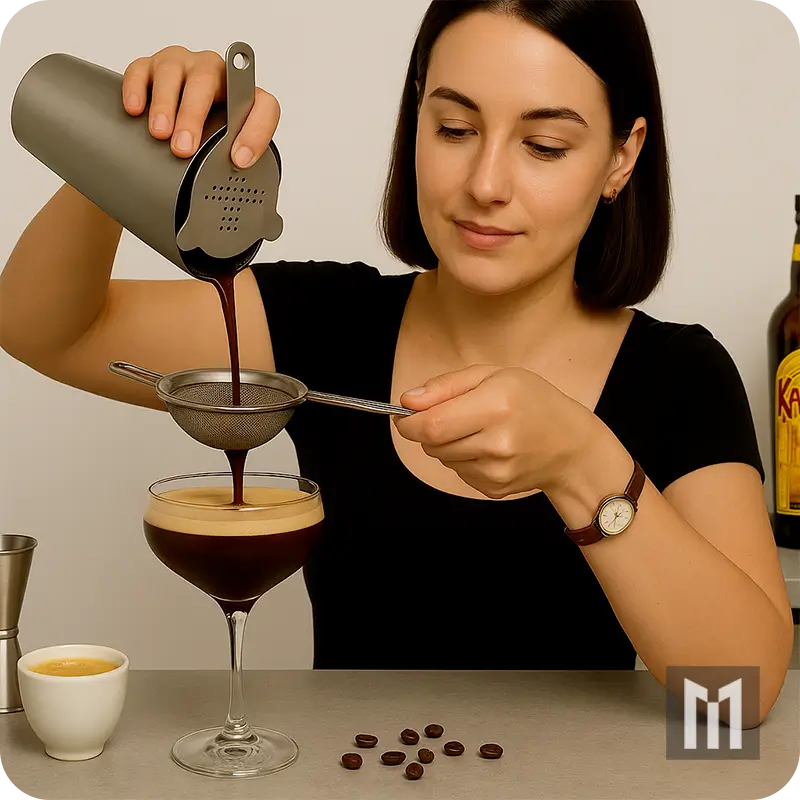 Woman double-straining an espresso martini into a coupe glass with crema and coffee beans on the table.