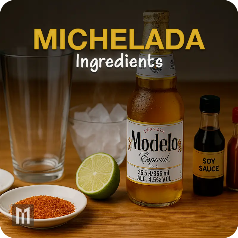 Michelada ingredients with Mexican lager, lime, soy sauce, hot sauce, and Tajín on a wooden surface.